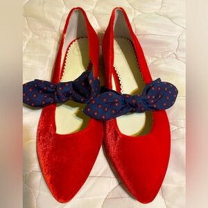 1901 Women's Hamilton Red Velvet Blue Bow Flats Shoes Size 9 Pointed Toe